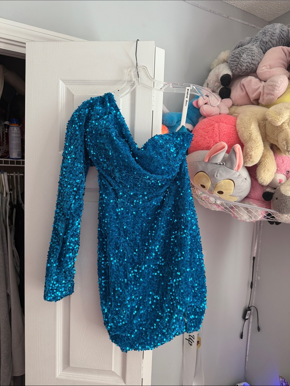One-Shoulder Teal Sequin Mini Dress